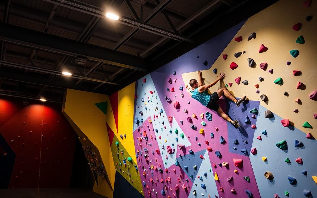 Climber on a colourful indoor bouldering wall