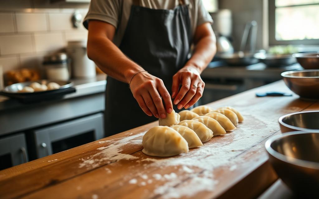 Hands folding dumplings in a cookery class