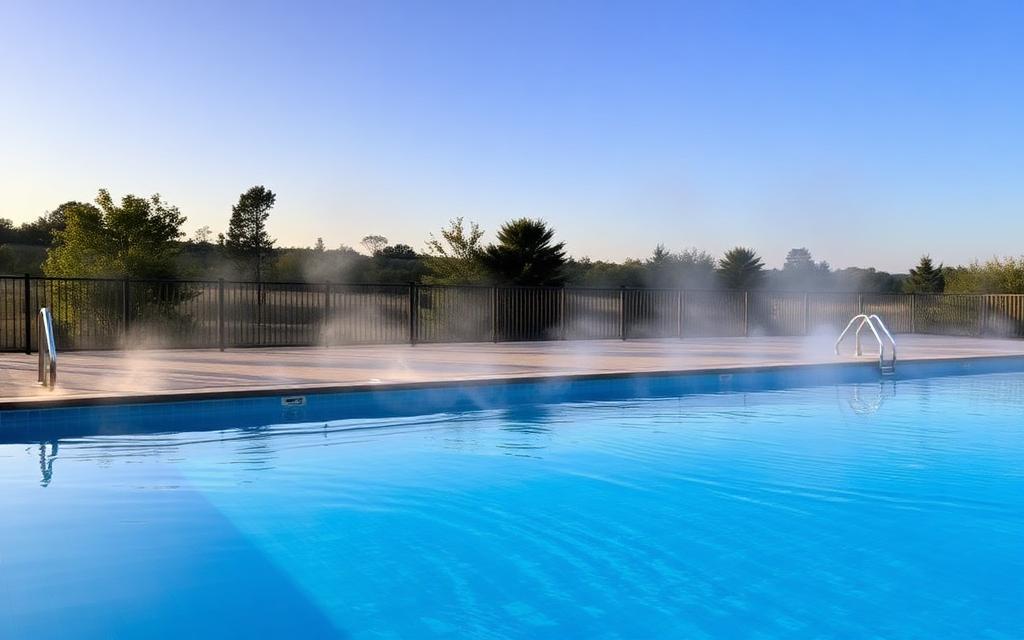 Outdoor lido pool steaming in the early morning