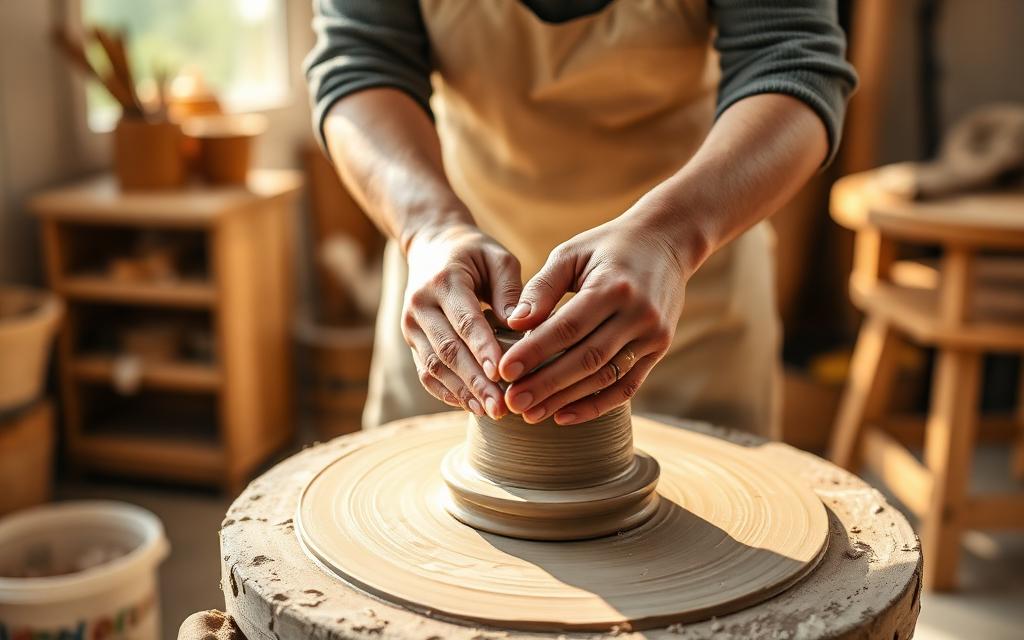 Hands shaping clay on a pottery wheel