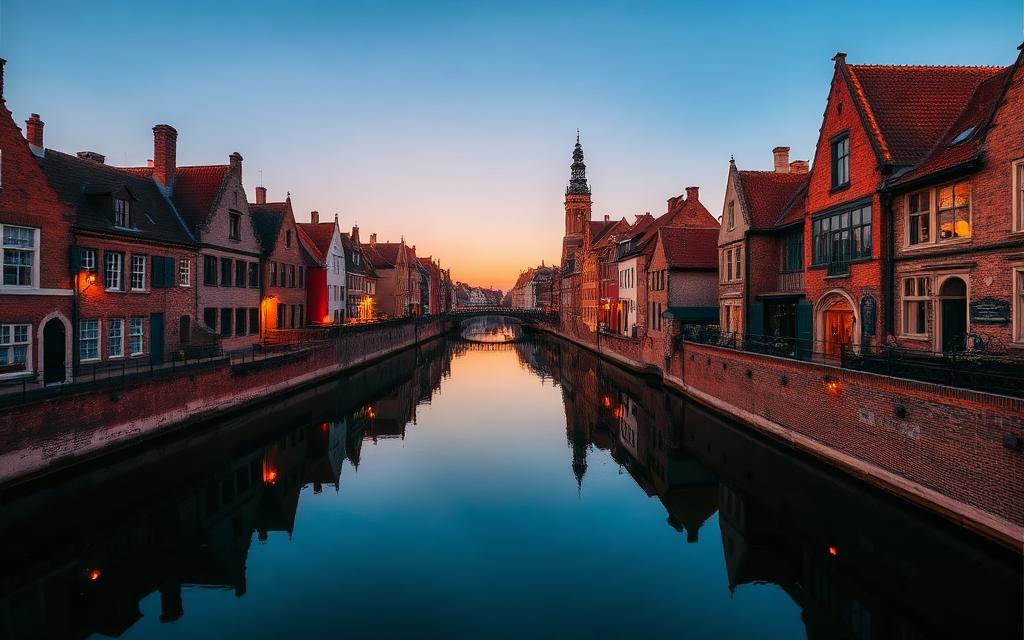 Bruges canal reflecting brick houses at dusk