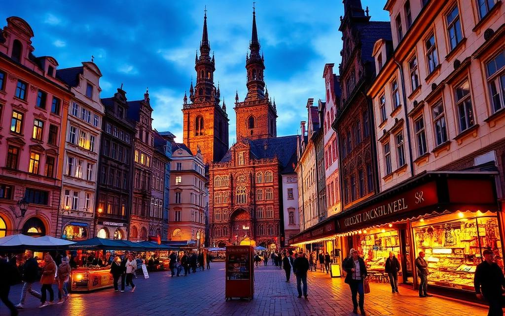 Kraków market square lit at dusk