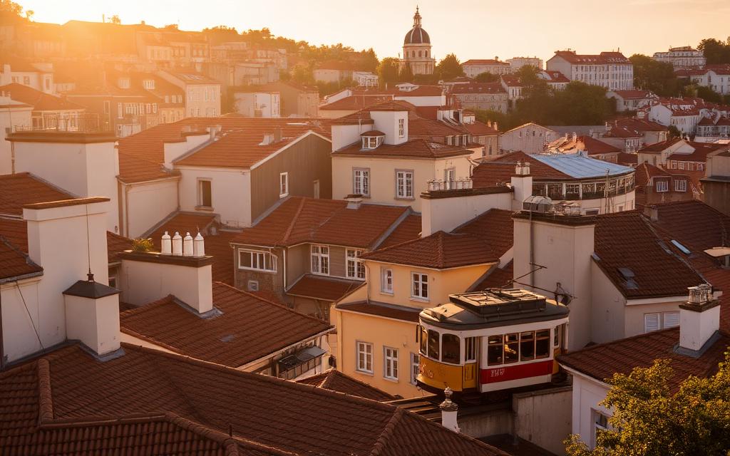 Lisbon rooftops with a yellow tram at sunset