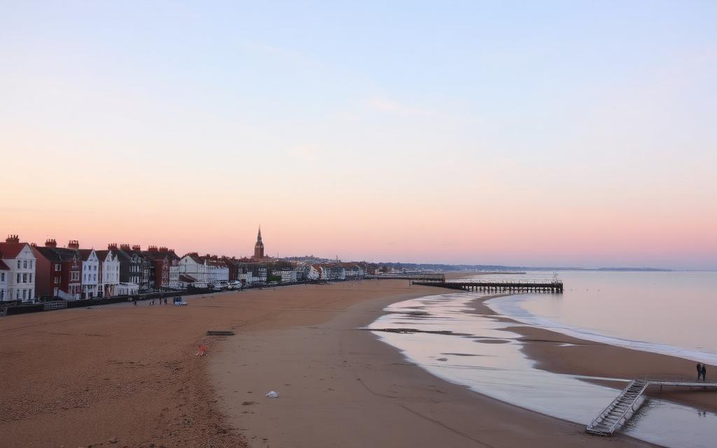 Seaside bay and old town at sunset