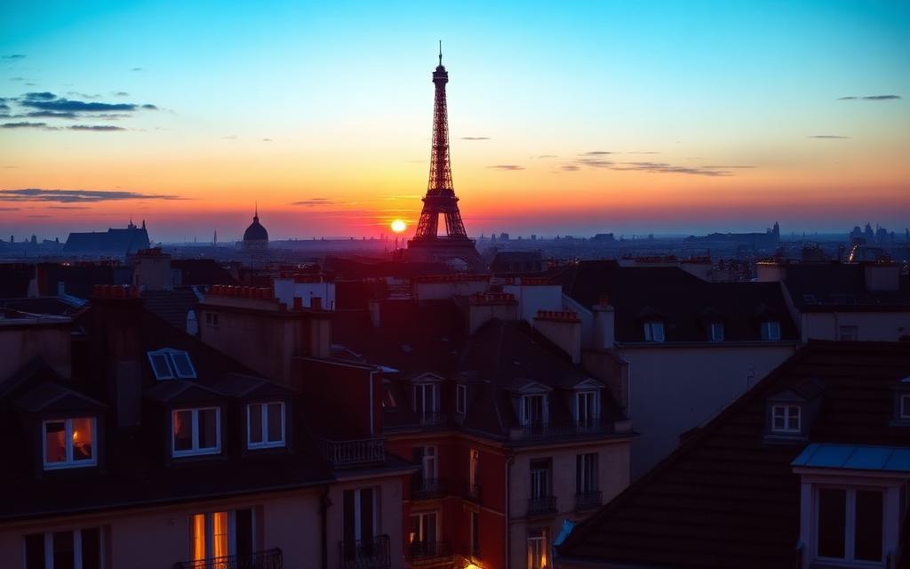 Paris rooftops with the Eiffel Tower at sunset