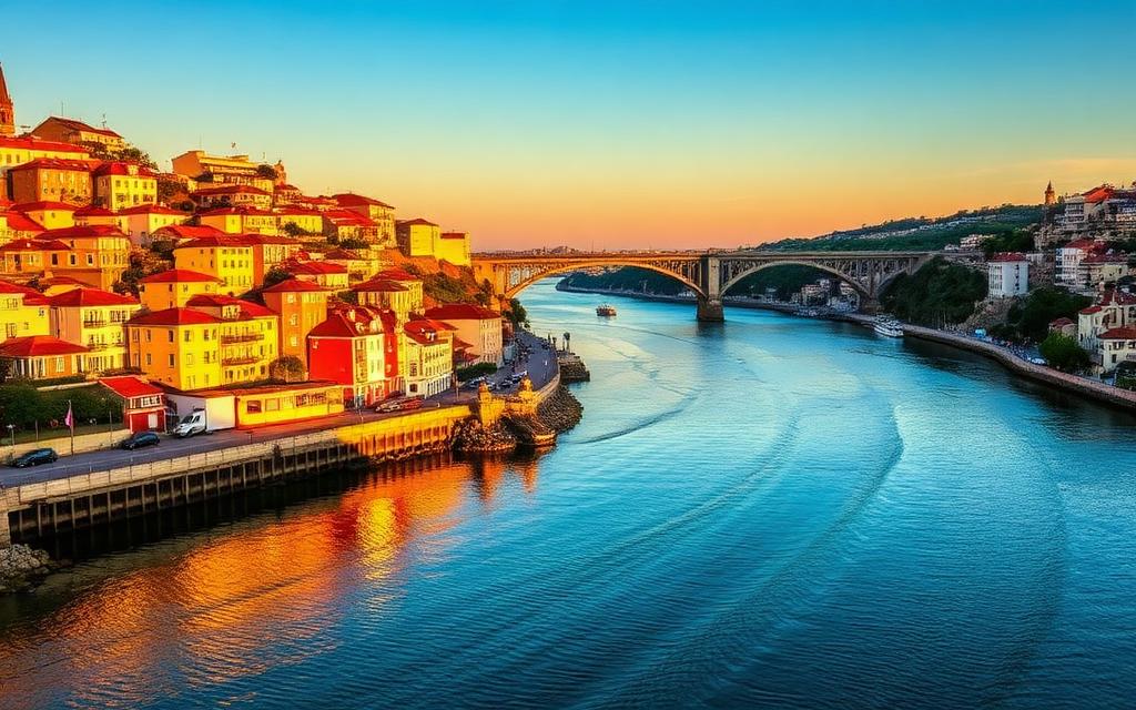 Porto riverfront and bridge in evening light