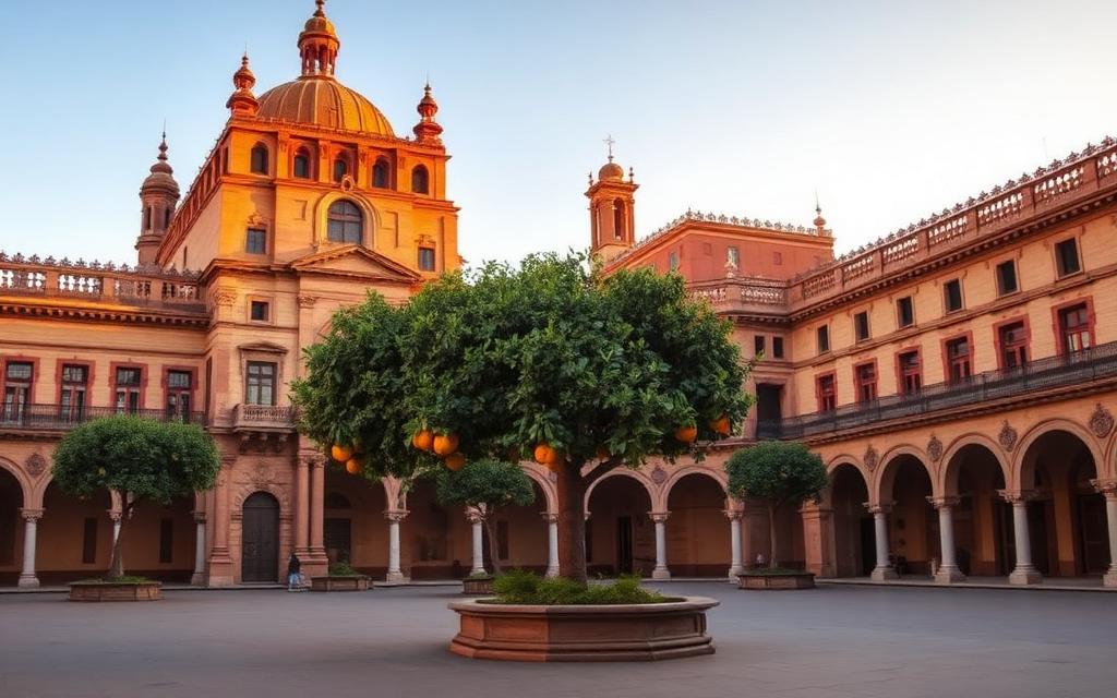 Seville plaza with orange trees in warm light