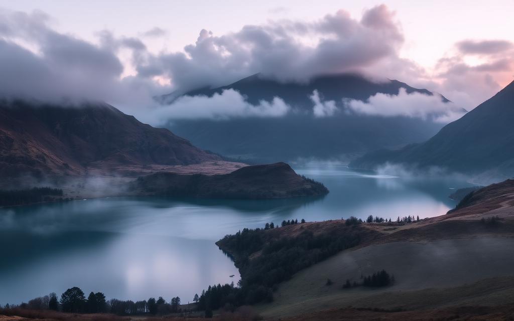 Misty mountains and a lake at dawn in Snowdonia
