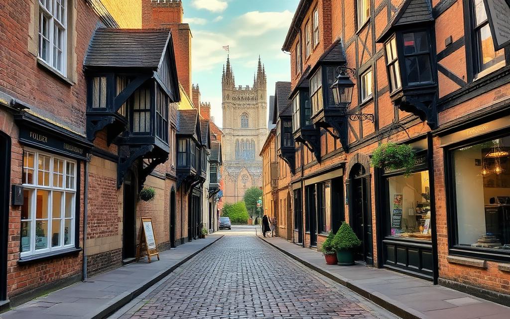 Cobbled medieval street leading to a cathedral