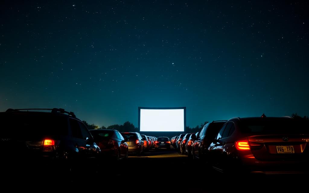 Drive-in cinema screen under a starry sky