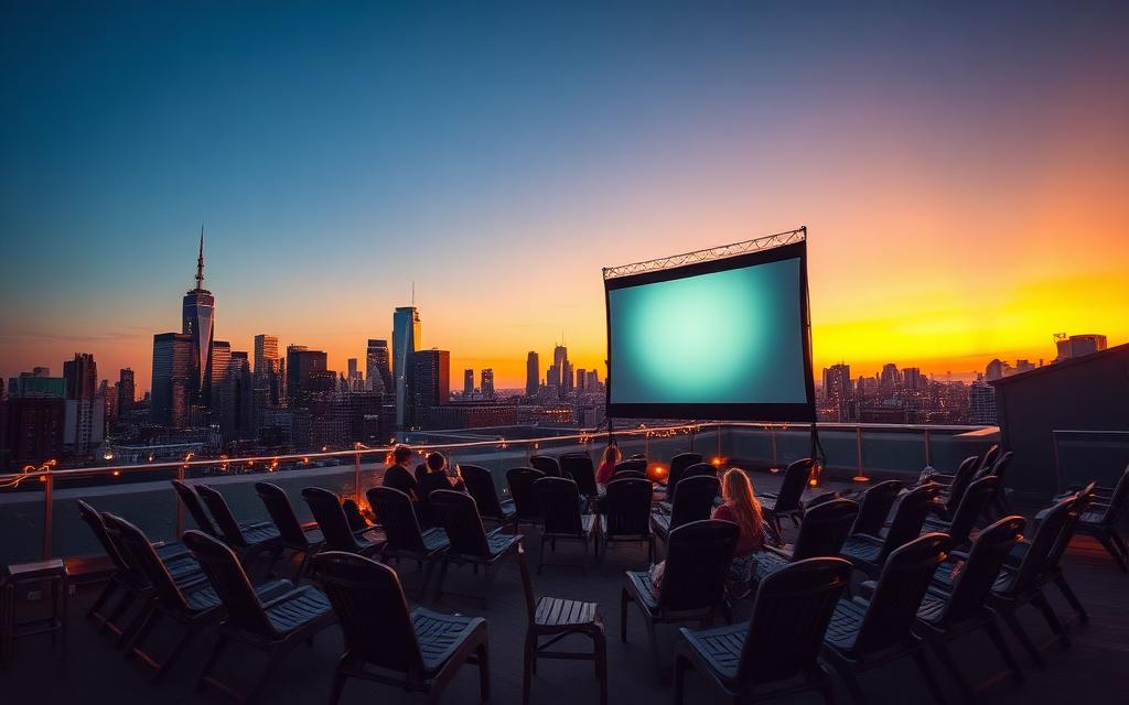 Rooftop outdoor cinema at dusk above the city