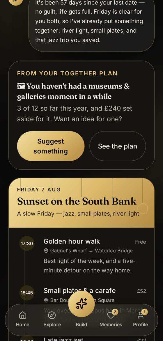 The CouplesCierge AI Concierge showing a Friday evening itinerary with times and costs