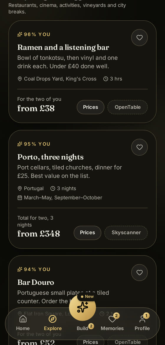 The Explore screen in CouplesCierge with restaurants and getaways near you