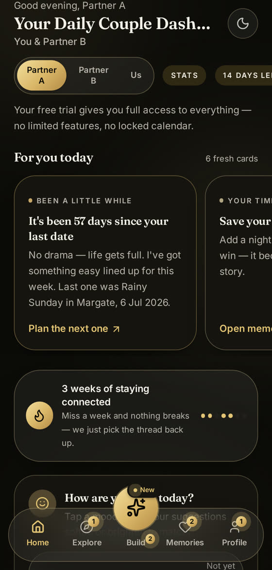 The CouplesCierge home feed with daily cards for the couple