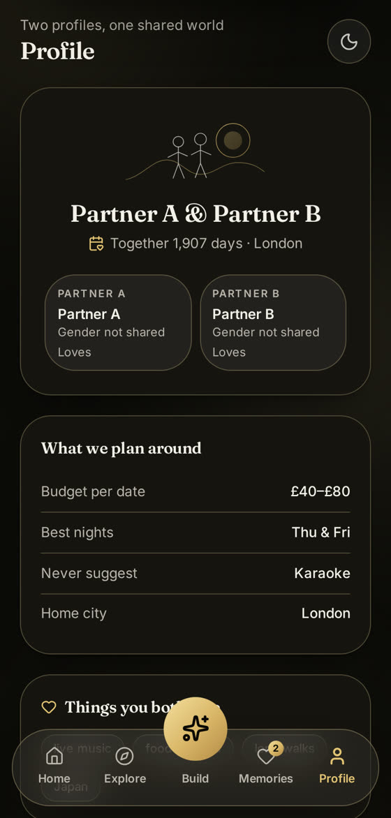Partner profiles in CouplesCierge storing what each person loves