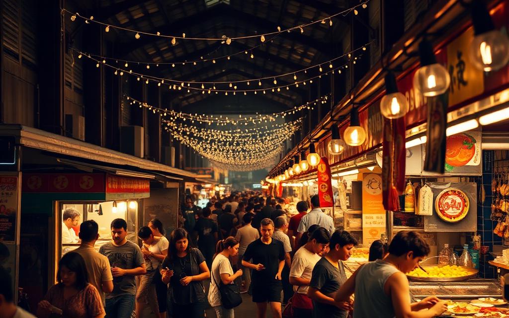 Street food market lit with string lights at night