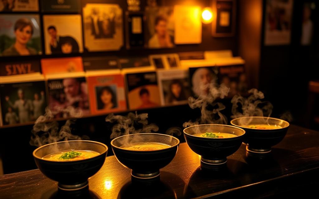 Bowls of ramen on the counter of a dim listening bar