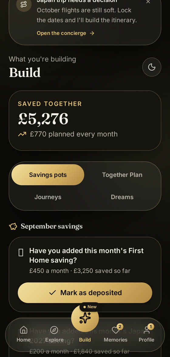 Savings pots in CouplesCierge showing total saved and monthly deposit reminders