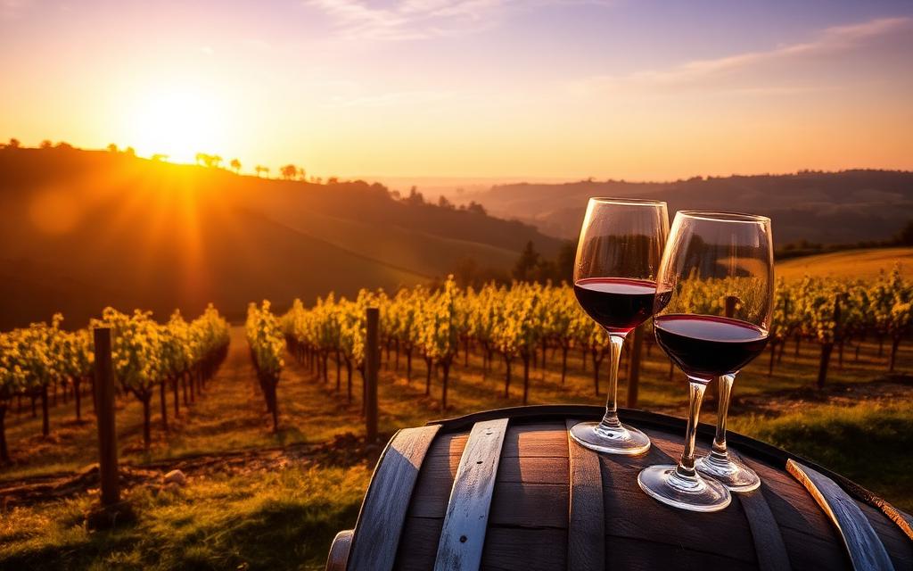 Vineyard rows at golden hour with two glasses of wine