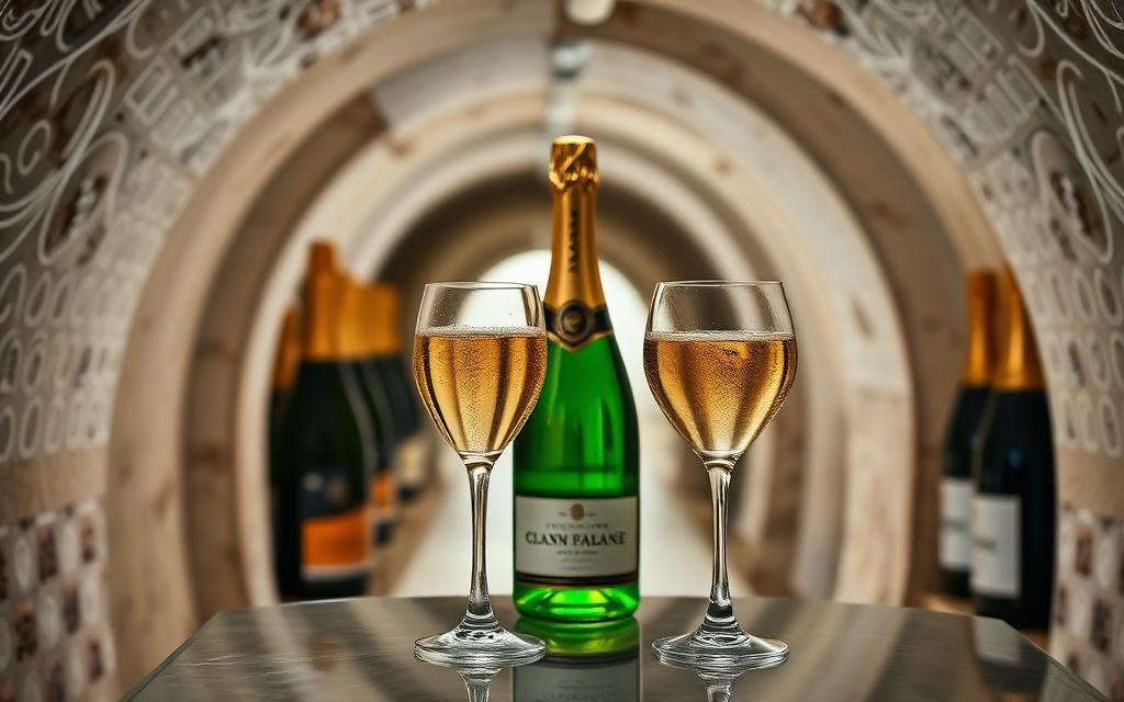 Champagne cellar with two filled glasses